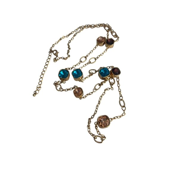 Gold Tone Chain Necklace Glass Stations Reversible Blue Pink Double Layer Adj 44 - Picture 4 of 5